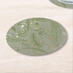 Green and Gold Fern Pattern Round Paper Coaster