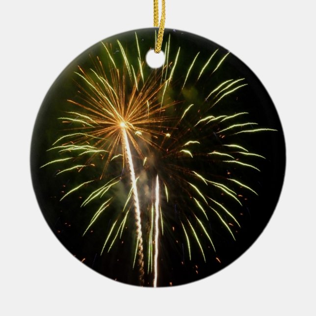 Green and Gold Fireworks Holiday Celebration Ceramic Tree Decoration (Front)
