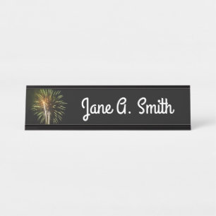 Green and Gold Fireworks Holiday Celebration Desk Name Plate
