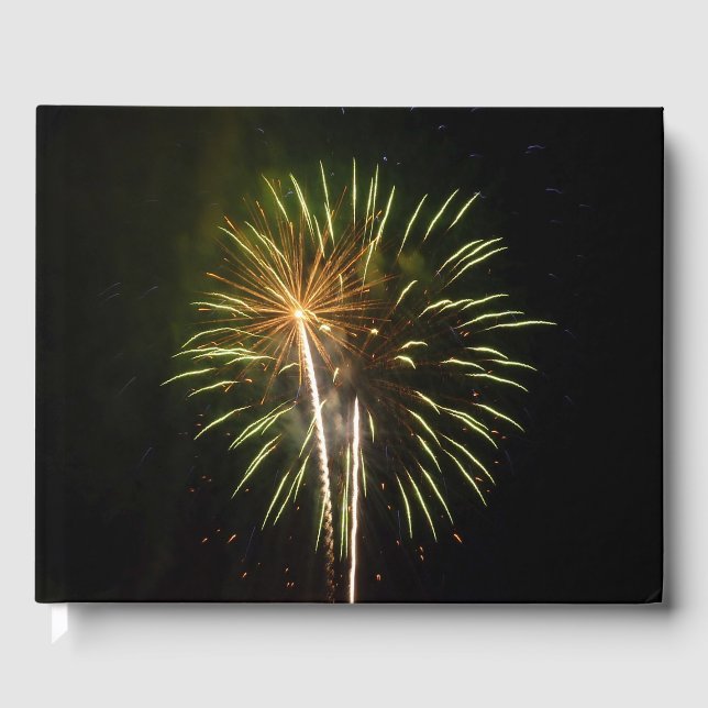 Green and Gold Fireworks Holiday Celebration Guest Book (Front)