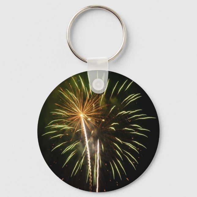 Green and Gold Fireworks Holiday Celebration Key Ring (Front)