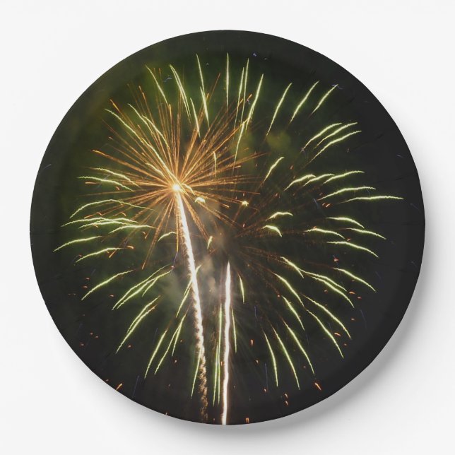 Green and Gold Fireworks Holiday Celebration Paper Plate (Front)