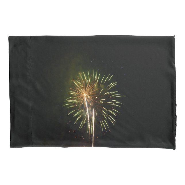 Green and Gold Fireworks Holiday Celebration Pillowcase (Front)