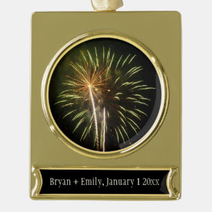 Green and Gold Fireworks Holiday Celebration Plated Banner Ornament