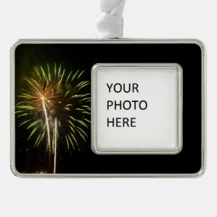 Green and Gold Fireworks Holiday Celebration Silver Plated Framed Ornament