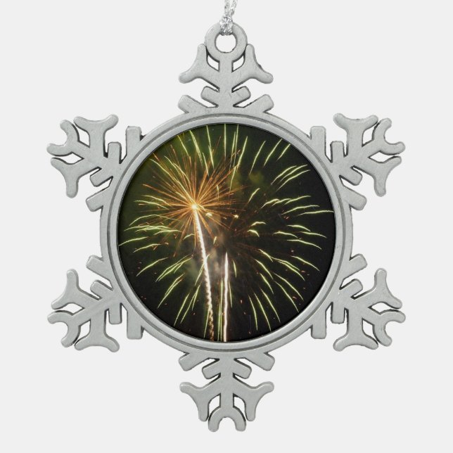 Green and Gold Fireworks Holiday Celebration Snowflake Pewter Christmas Ornament (Front)