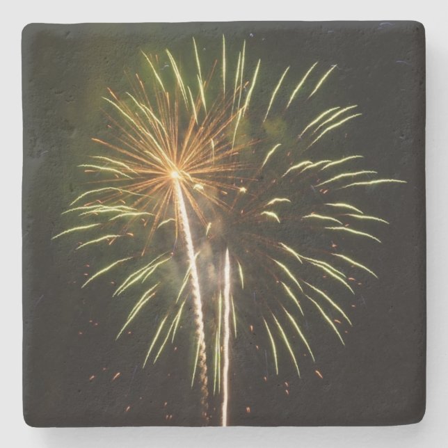 Green and Gold Fireworks Holiday Celebration Stone Coaster (Front)