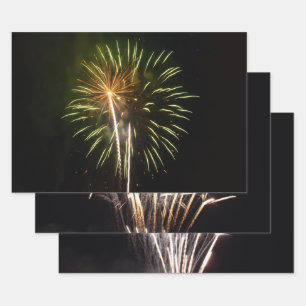 Green and Gold Fireworks Holiday Celebration Wrapping Paper Sheet