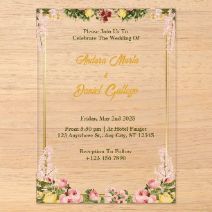 Green and Gold Floral Acrylic Wedding Invitations 