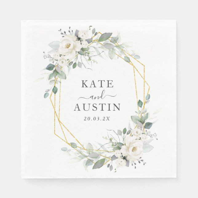 green and gold floral geometric greenery wedding napkin (Front)