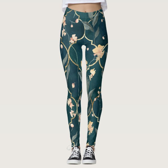 Green and Gold Floral Pattern Leggings (Front)