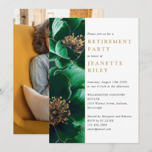 Green And Gold Floral Retirement Party Photo Invitation