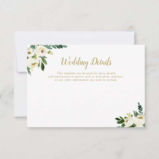 green and gold floral wedding details card (Front)