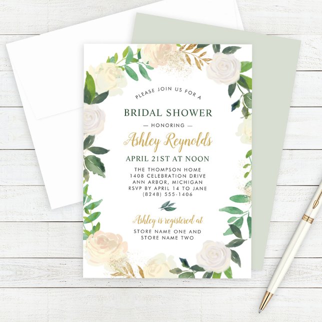 Green and Gold Floral Wreath Wedding Bridal Shower Invitation (Creator Uploaded)