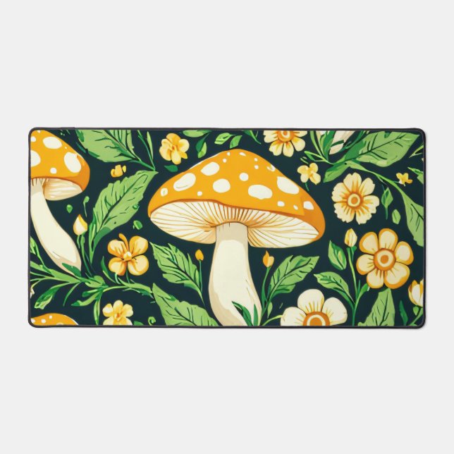 Green and gold flower and mushroom  desk mat (Front)