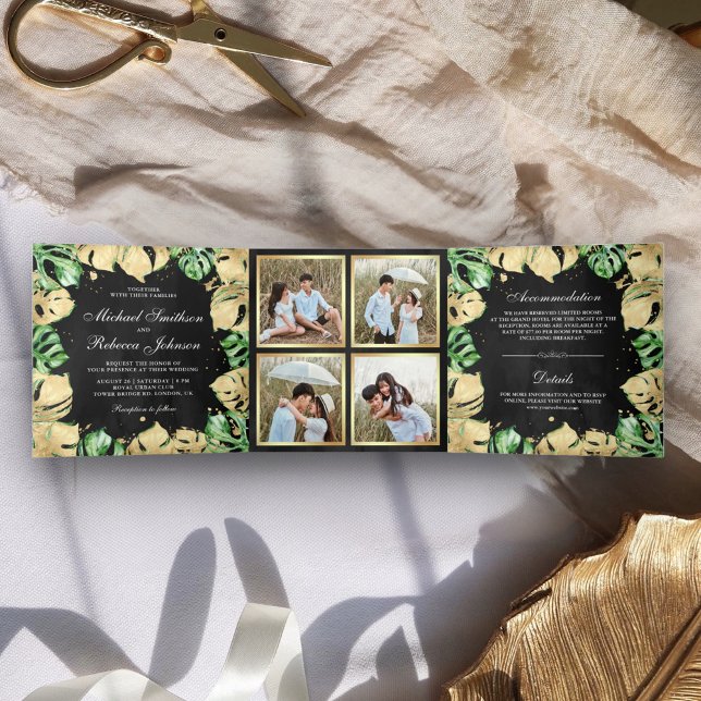 Green and Gold Foil Monstera Palm Black Wedding Tri-Fold Invitation (Creator Uploaded)