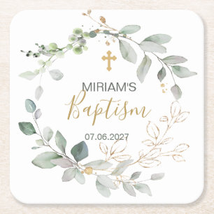 Green and gold foliage Baptism Paper Coaster