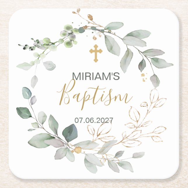 Green and gold foliage Baptism Paper Coaster (Front)