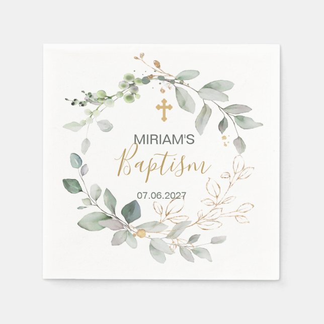 Green and gold foliage Baptism Paper Napkin (Front)