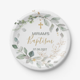 Green and gold foliage Baptism paper Plate