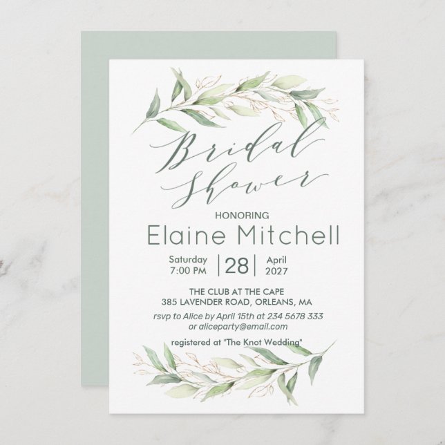 Green and gold foliage Bridal Shower Invitation (Front/Back)