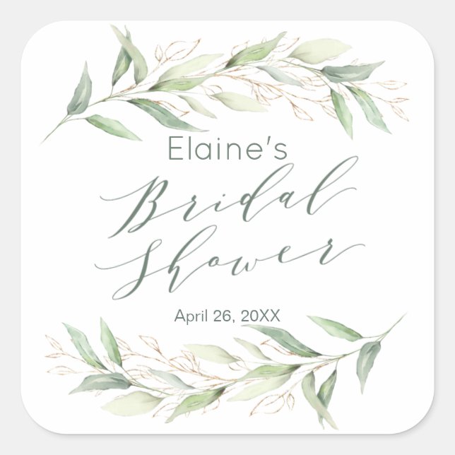 Green and gold foliage Bridal Shower  Square Sticker (Front)