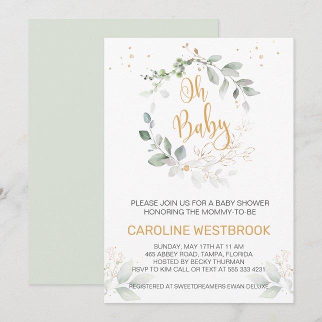 Green and gold foliage Oh Baby Shower Invitation (Front/Back)