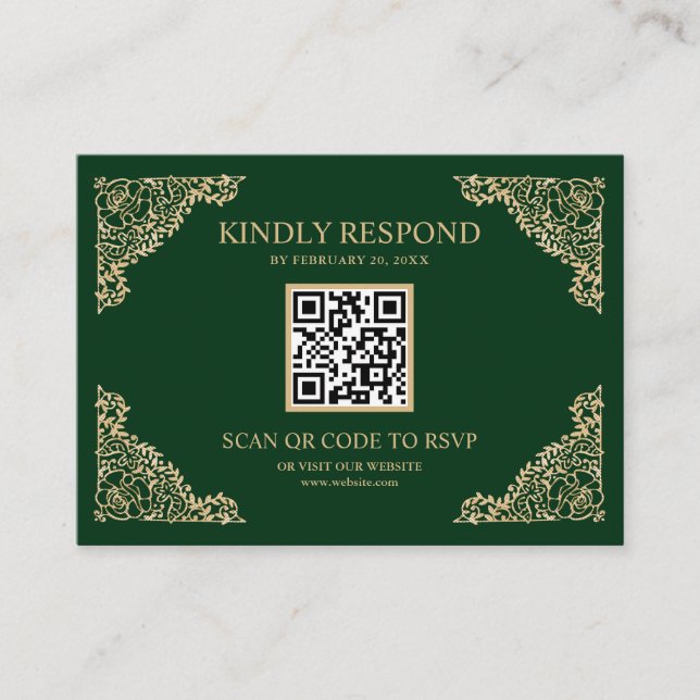 Green and Gold Frame QR Code RSVP Wedding Website Enclosure Card (Front)