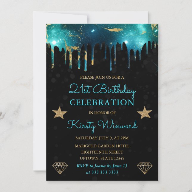Green and Gold Galaxy Marble 21st Birthday Invitation (Front)