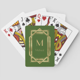 Green and Gold Geometric   Monogram & Name  Playing Cards