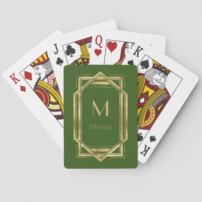 Green and Gold Geometric | Monogram & Name  Playing Cards (Back)
