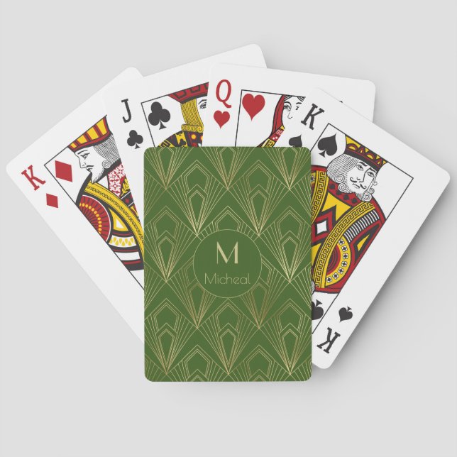 Green and Gold Geometric  Pattern | Monogram  Playing Cards (Back)