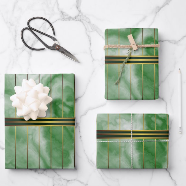 Green And Gold Geometric Stripes Emerald Marble Wrapping Paper Sheet (Front)