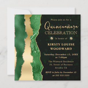 Green and Gold Glam Tears Bokeh Quinceanera Invitation
