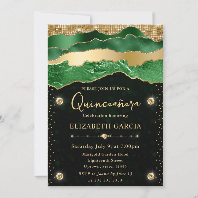 Green and Gold Glam Tears Bokeh Quinceanera Invitation (Front)