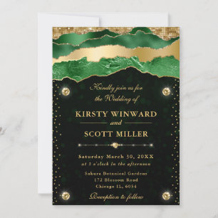 Green and Gold Glam Tears Bokeh Wedding Invitation