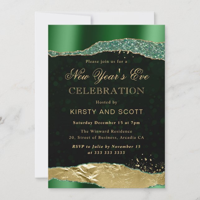 Green and Gold Glam Tears New Year's Eve Invitation (Front)