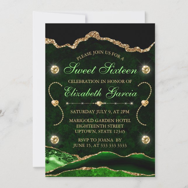 Green and Gold Glitter Agate and marble Sweet 16 Invitation (Front)
