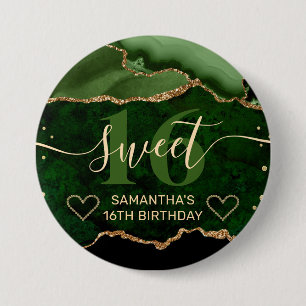 Green and Gold Glitter Agate Marble Sweet 16 7.5 Cm Round Badge