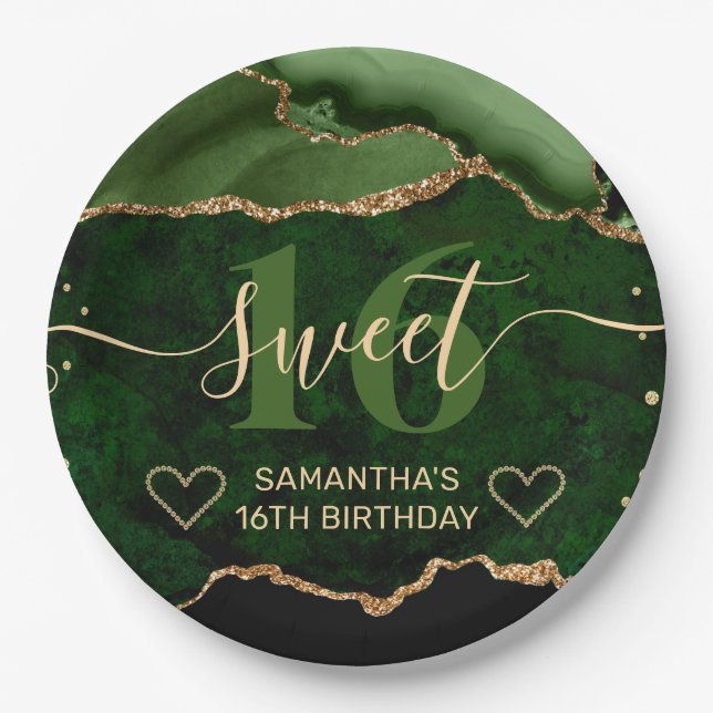 Green and Gold Glitter Agate Marble Sweet 16  Paper Plate (Front)