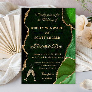 Green and Gold Glitter Agate & Marble Wedding Invitation