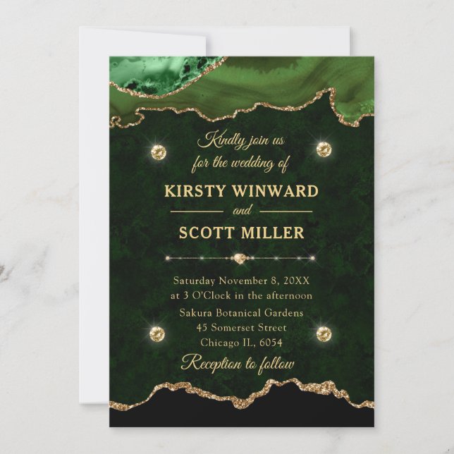 Green and Gold Glitter Agate Marble Wedding Invitation (Front)