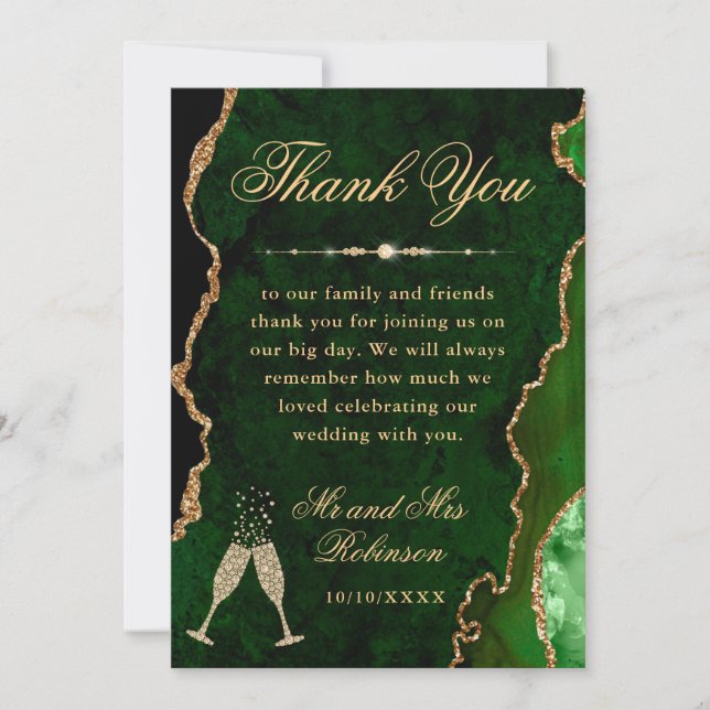 Green and Gold Glitter Agate & Marble Wedding Thank You Card (Front)