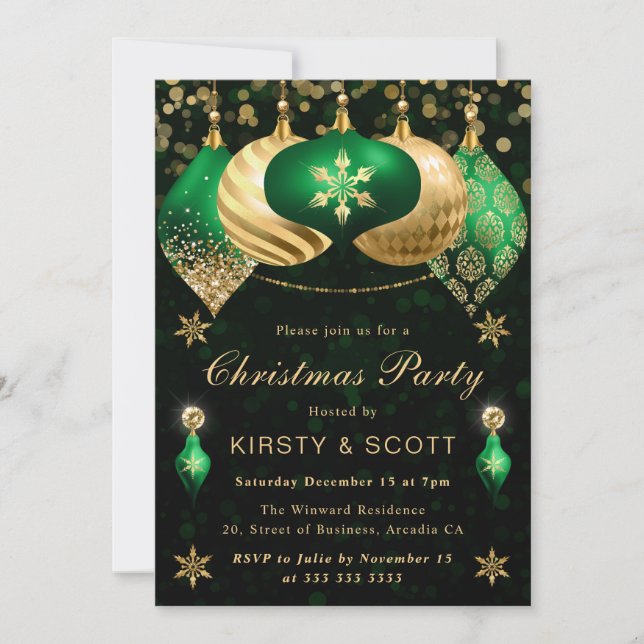 Green and Gold Glitter Baubles Christmas Party Invitation (Front)