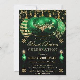Green and Gold Glitter Baubles Sweet Sixteen Invitation