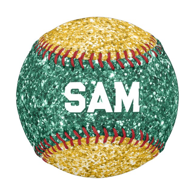 Green and Gold Glitter Bold Sport Monogram Baseball (Front)