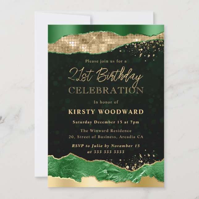 Green and Gold Glitter Glam Tears 21st Birthday Invitation (Front)