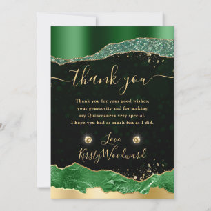 Green and Gold Glitter Glam Tears Quinceanera Thank You Card