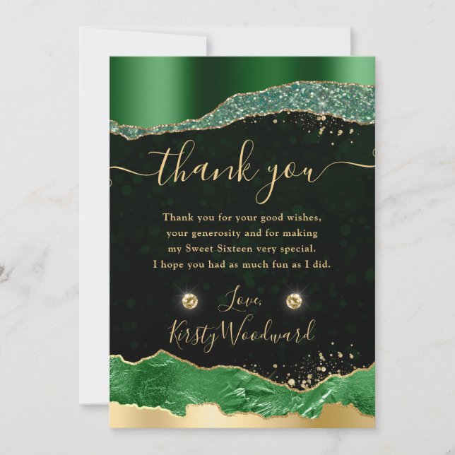 Green and Gold Glitter Glam Tears Sweet 16 Thank You Card (Front)