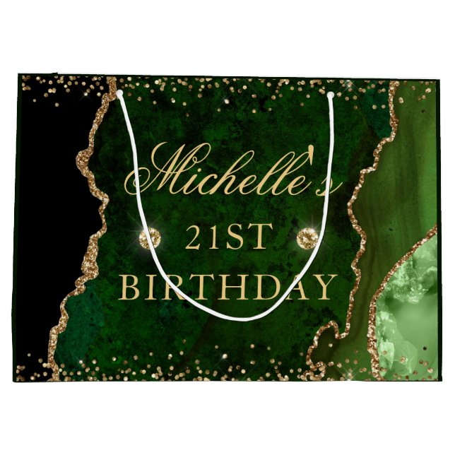 Green and Gold Glitter Marble Agate Birthday Large Gift Bag (Back)